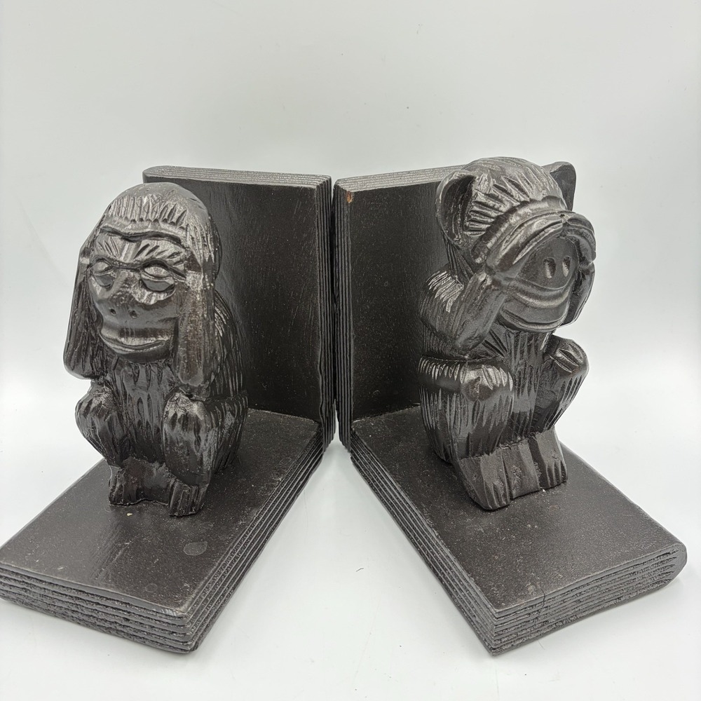 VTG Decorative See No Evil Hear No Evil Monkey Bookend Pair Carved ‎ Rustic MCM